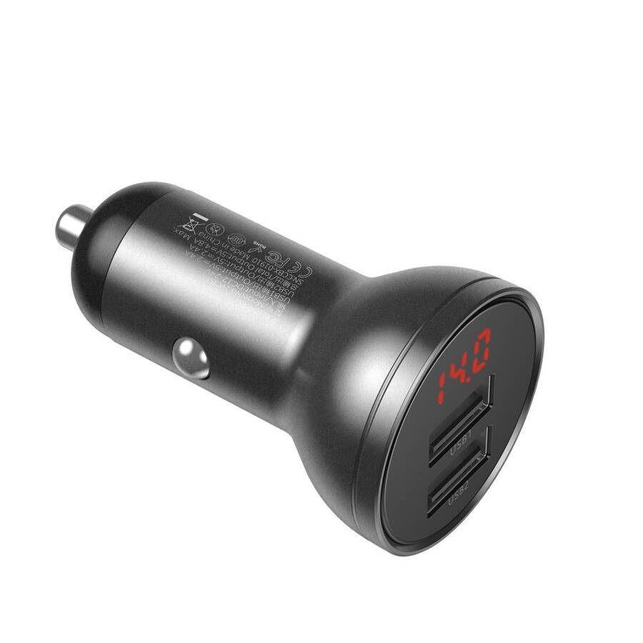 BASEUS DIGITAL DISPLAY DUAL USB 4.8A CAR CHARGER 24W + 3IN1 USB - UBS TYPE C / MICRO USB / LIGHTNING 1,2M CABLE BLACK (TZCCBX-0G)