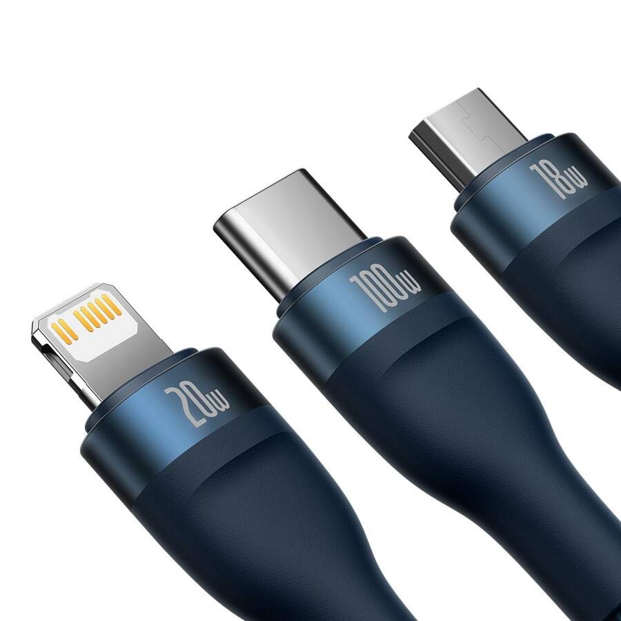 BASEUS FLASH SERIES II USB TYPE C / USB TYPE A CABLE - USB TYPE C / LIGHTNING / MICRO USB 100 W 1.2 M BLUE (CASS030103)