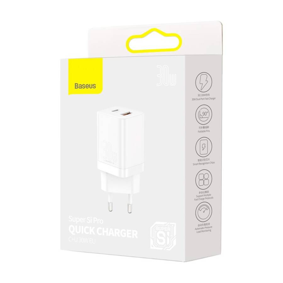 BASEUS SUPER PRO FAST WALL CHARGER USB / USB TYPE C 30W POWER DELIVERY QUICK CHARGE WHITE (CCSUPP-E02)