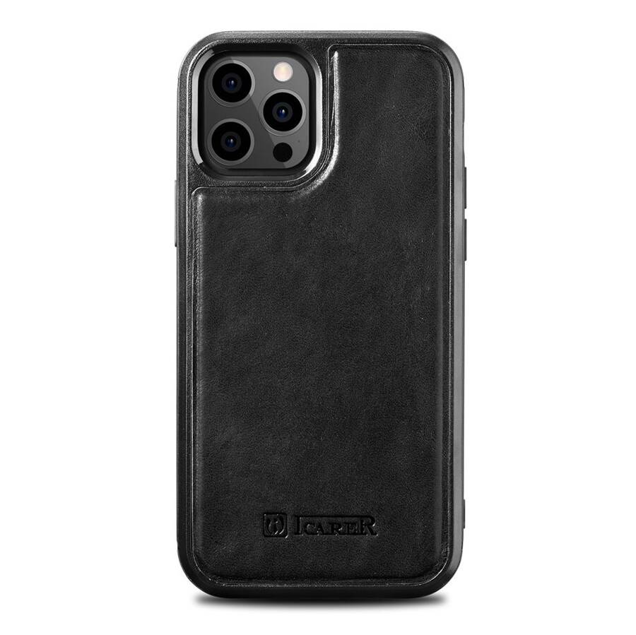 ICARER LEATHER OIL WAX CASE COVERED WITH NATURAL LEATHER FOR IPHONE 12 PRO MAX BLACK (ALI1206-BK)