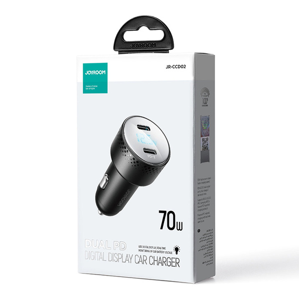 2x USB C 70W car charger with LED display Joyroom JR-CCD02 - black