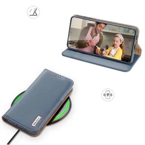 Dux Ducis Hivo skórzane etui z klapką pokrowiec ze skóry naturalnej portfel na karty i dokumenty Samsung Galaxy S22+ (S22 Plus) niebieski