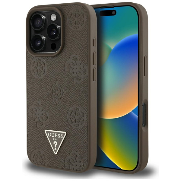 Etui Guess Grained Hot Stamp Peony       Triangle Logo MagSafe do iPhone 16 Pro Max brązowy