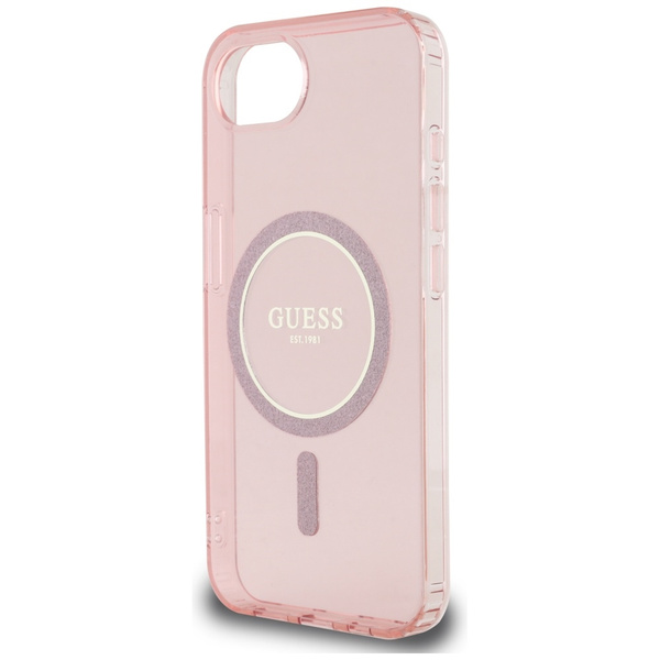 Etui Guess IML Glitter Circle MagSafe do iPhone 16e różowy
