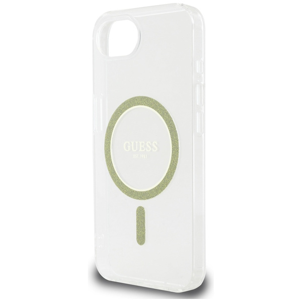 Etui Guess IML Glitter Circle MagSafe do iPhone 16e przezroczysty