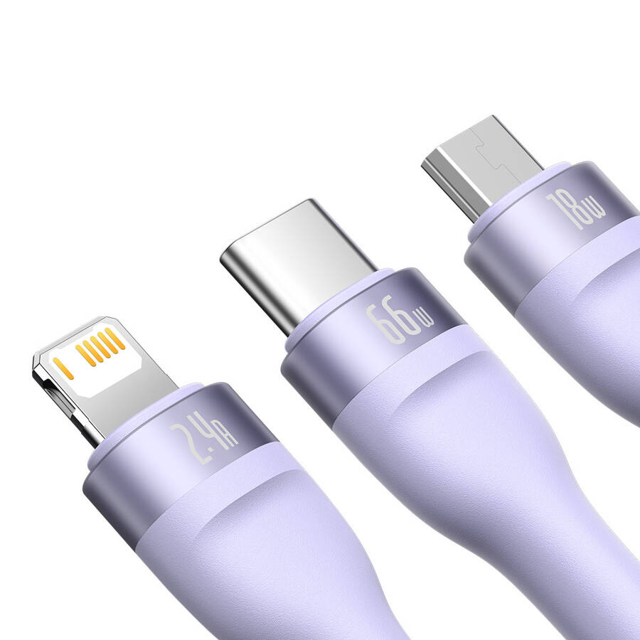 Baseus Flash Series Ⅱ kabel 3w1 do szybkiego ładowania USB-A do USB-C / Micro-USB / Lightning 66W 480Mb/s 1.2m fioletowy