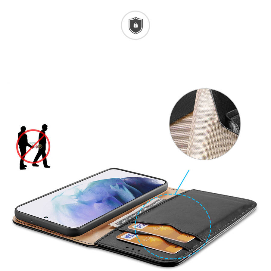 Dux Ducis Hivo skórzane etui z klapką pokrowiec ze skóry naturalnej portfel na karty i dokumenty Samsung Galaxy S22+ (S22 Plus) czarny