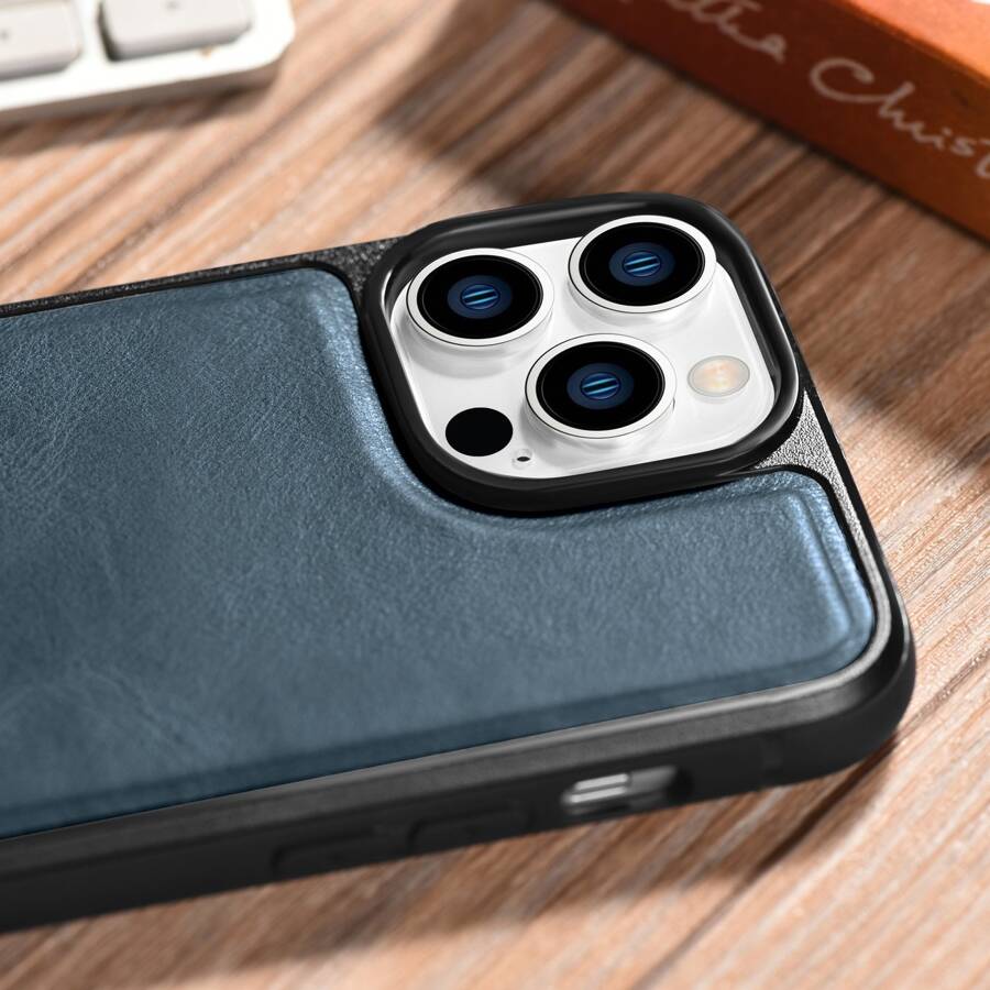 iCarer Leather Oil Wax etui pokryte naturalną skórą do iPhone 14 Pro Max (kompatybilne z MagSafe) niebieski (WMI14220720-BU)
